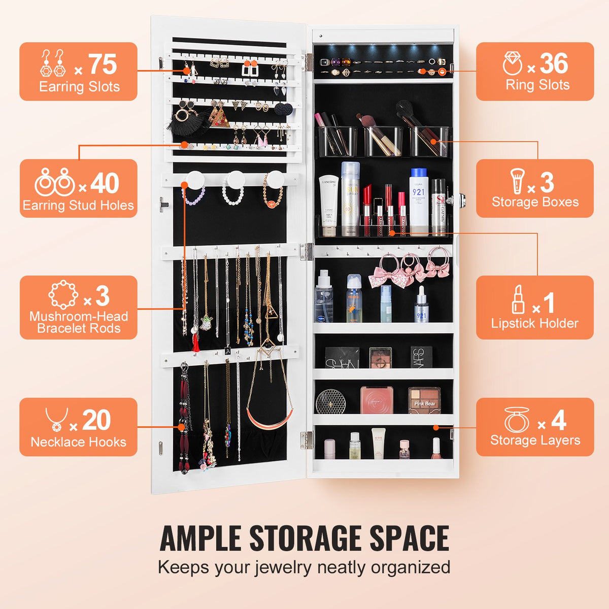 Mirror Jewelry Cabinet, 42.52-Inch Tall Lockable Jewelry Cabinet Armoire with Full-Length Mirror, Wall or Door Mounted Jewelry Mirror Organizer with LED Interior Lights and Velvet Lining, White