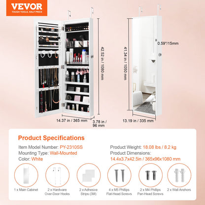 Mirror Jewelry Cabinet, 42.52-Inch Tall Lockable Jewelry Cabinet Armoire with Full-Length Mirror, Wall or Door Mounted Jewelry Mirror Organizer with LED Interior Lights and Velvet Lining, White