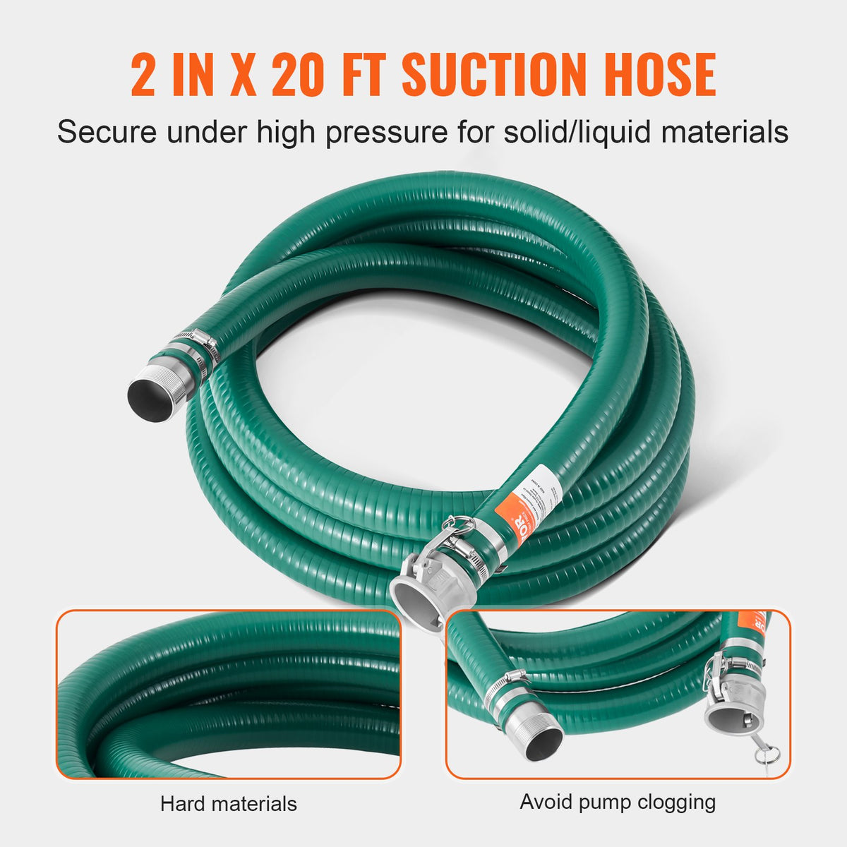 Sugslangsats för vattenpump, med 51 mm (2 tum) x 15,2 m (50 fot) blå backspolningsslang, 6,1 m (20 fot) grön sugslang och rundhålssil i stål, kamlås, klämmor, kam- och spåradapter, för flera ändamål