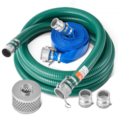 Suction Hose Kit for Water Pump, with 51 mm(2 in) x 19.8 m(65 ft) Blue Backwash Hose, 6.1 m(20 ft) Green Suction Hose, and Steel Round Hole Strainer, Camlocks, Clamps, Cam & Groove Adapter, for Multiple Purposes