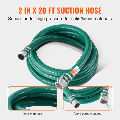 Suction Hose Kit for Water Pump, with 51 mm(2 in) x 19.8 m(65 ft) Blue Backwash Hose, 6.1 m(20 ft) Green Suction Hose, and Steel Round Hole Strainer, Camlocks, Clamps, Cam & Groove Adapter, for Multiple Purposes