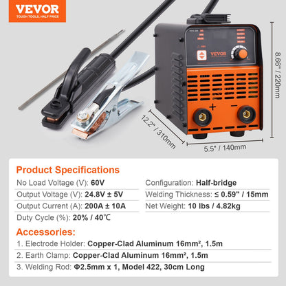 220V elektrodsvets, 200A BÅGSVETS/Lift TIG-SVETS med stor LED-display, 2-i-1 bärbar elektrodsvets med varmstart, bågkraft, anti-vidhäftning, MMA-elektrodsvets
