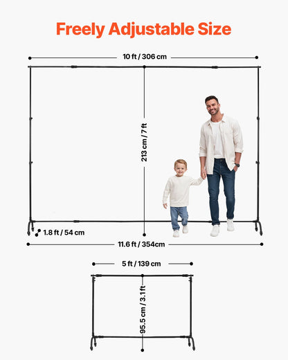 Bakgrundsstativ, 7 x 10 fot justerbart fotobakgrundsstativ, bärbart bakgrundsstativ med hjul, kraftigt flyttbart projektordukstativ, för bröllop, fotostudio och fest
