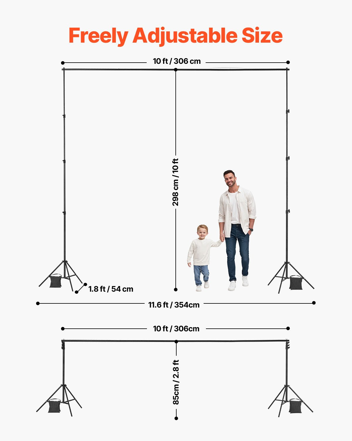 Bakgrundsstativ, justerbart fotobakgrundsstativ för 3 x 3 meter, bärbart bakgrundsstativ med 4 tvärstänger, kraftigt projektordukstativ, för bröllop, fotovideostudio och fest