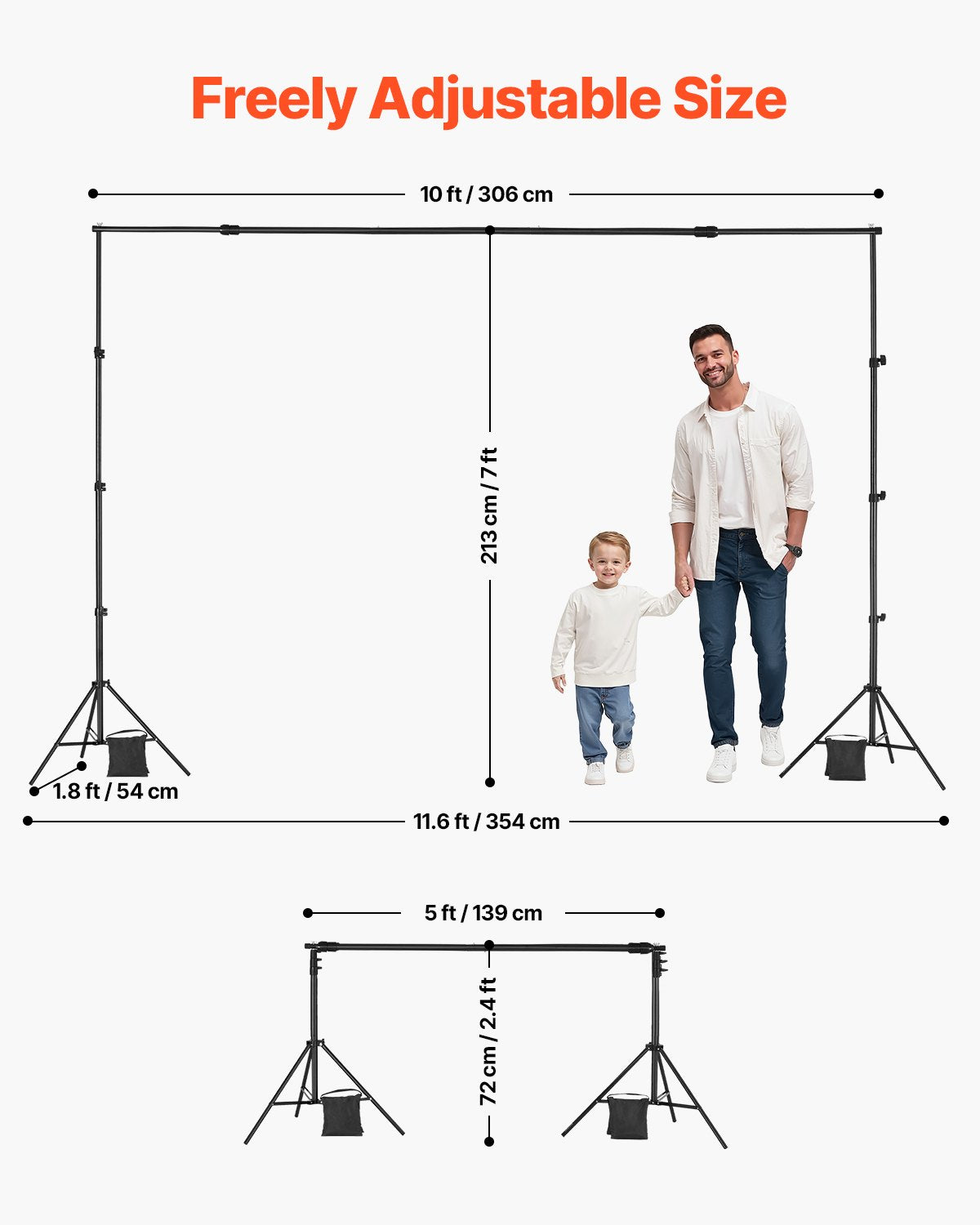 Bakgrundsstativ, 7 x 10 fot justerbart fotobakgrundsstativ, bärbart bakgrundsstativ med 3 tvärstänger, kraftigt projektordukstativ, för bröllop, fotovideostudio och fest