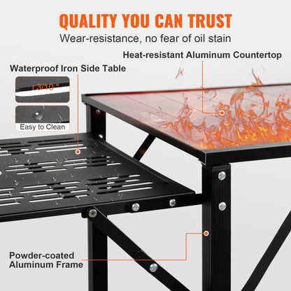 Campingköksbord, hopfällbar bärbar kokstation i ett stycke med bärväska, campingbord i aluminium, 4 sidobord i järn och 2 hyllor, perfekt för utomhuspicknick, grillfester, camping, husbilsresor