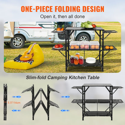 Campingköksbord, hopfällbar bärbar kokstation i ett stycke med bärväska, campingbord i aluminium, 4 sidobord i järn och 2 hyllor, perfekt för utomhuspicknick, grillfester, camping, husbilsresor