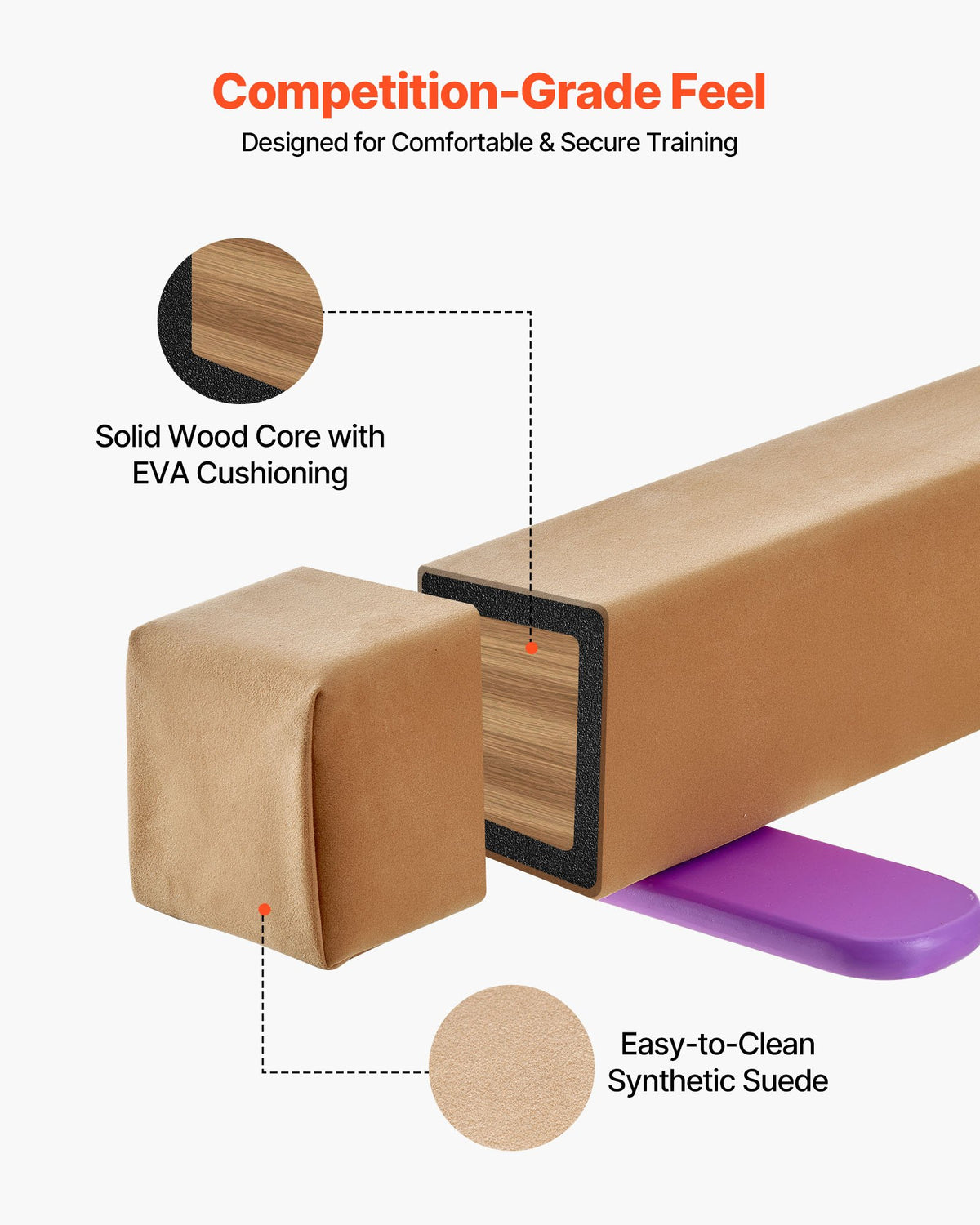 8FT Balance Beam for Kids, 158.7 KG Stable Support Gymnastics Floor Beam with Non-Slip Wooden Mats, Wood-Core Gymnastics Training Equipment with Anti-Slip Bottom for Home and Gym, Yellow