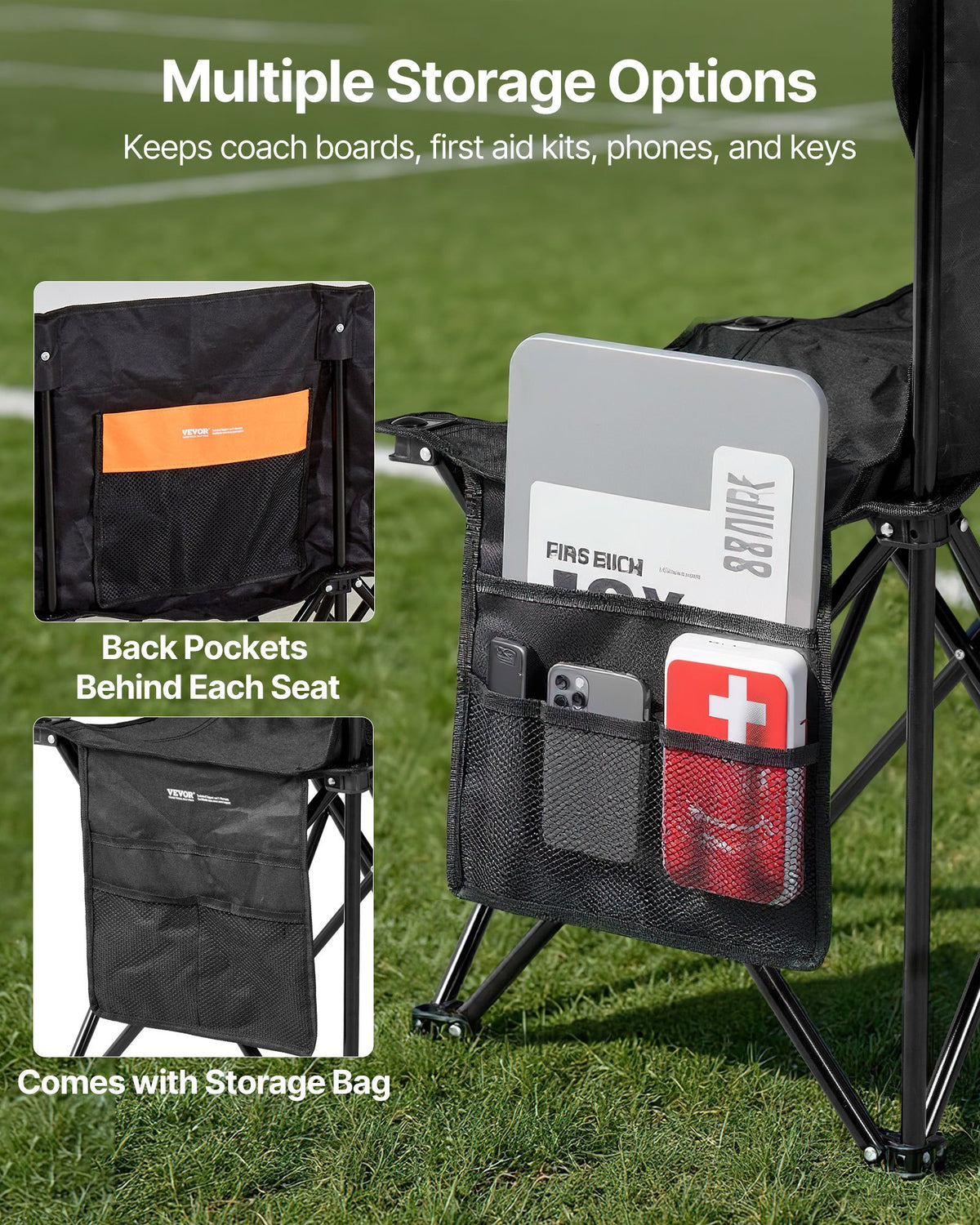 Portable Folding Bench, 6 Seat Soccer Bench with Multiple Storage Pockets & Carrying Bag, Lightweight Sideline Seating with Back Rest for Football, Baseball, Camping, Outdoor Events, Black