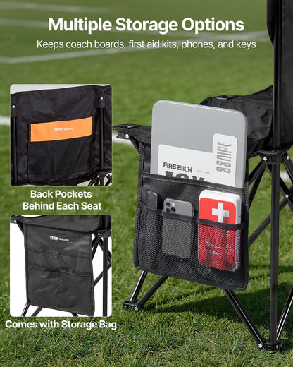 Portable Folding Bench, 6 Seat Soccer Bench with Multiple Storage Pockets & Carrying Bag, Lightweight Sideline Seating with Back Rest for Football, Baseball, Camping, Outdoor Events, Black