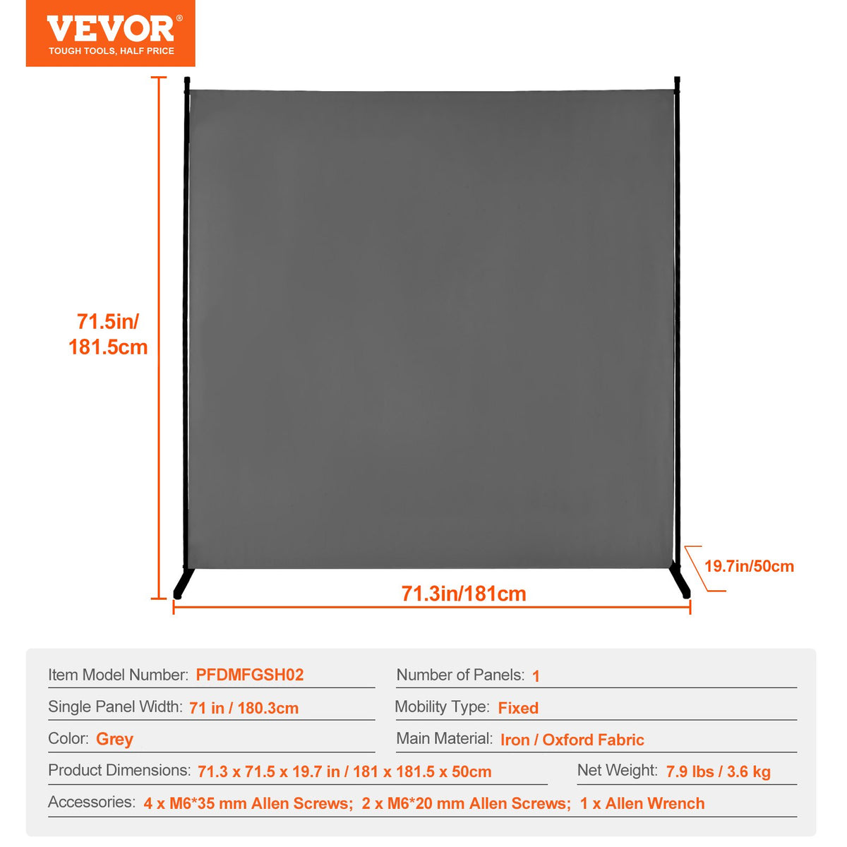 Rumsavdelare, Enkelpanelsrumsavdelare, 1,8 m insynsskyddsskärm inomhus, Skiljevägg för rumsavskiljning, Fristående rumsavdelare för kontor, Sovrum, Grå
