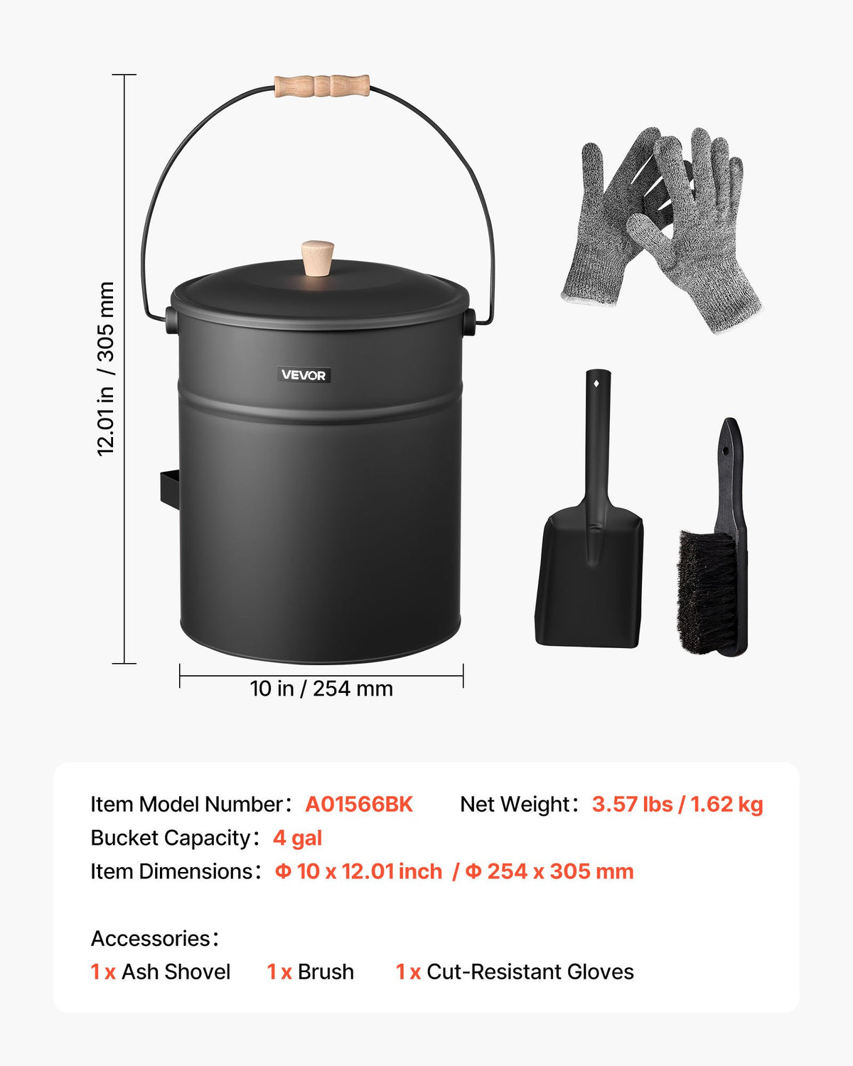 Askhink, 4 st med lock, spade, kvast och handskar, metallkolshink och askbehållare för öppen spis, 15 liter stor kapacitet för öppen spis, eldgropar, vedeldade kaminer, inomhus och utomhus