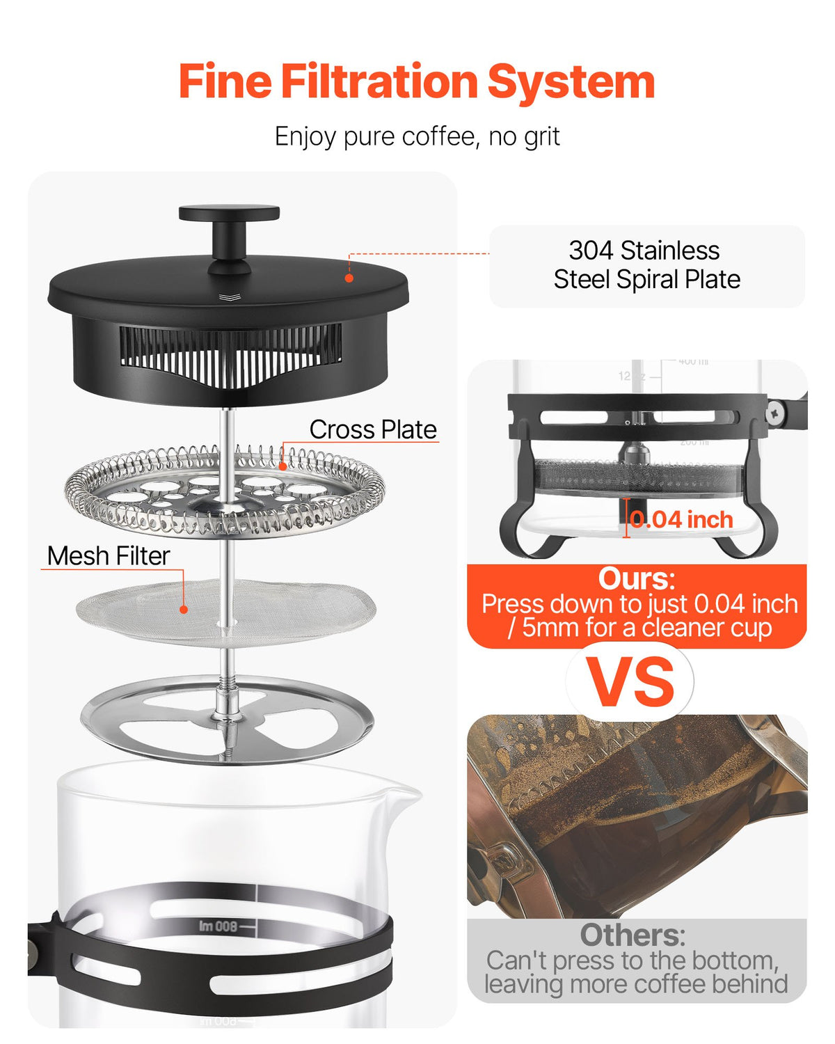 French Press kaffebryggare, 1 liter borosilikatglas kaffepress tebryggare med rostfritt stålfilter, stor glasfransk press kallbryggning för camping, resor, hemkök, silver