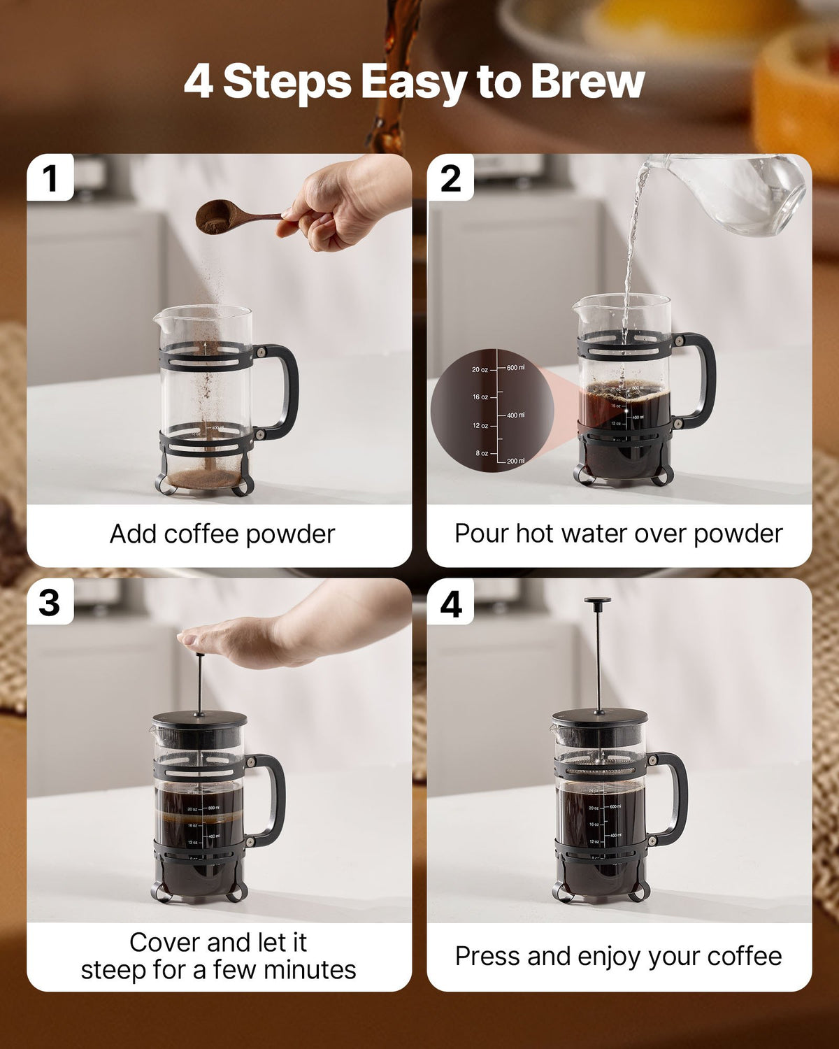 French Press kaffebryggare, 1 liter borosilikatglas kaffepress tebryggare med rostfritt stålfilter, stor glasfransk press kallbryggning för camping, resor, hemkök, silver