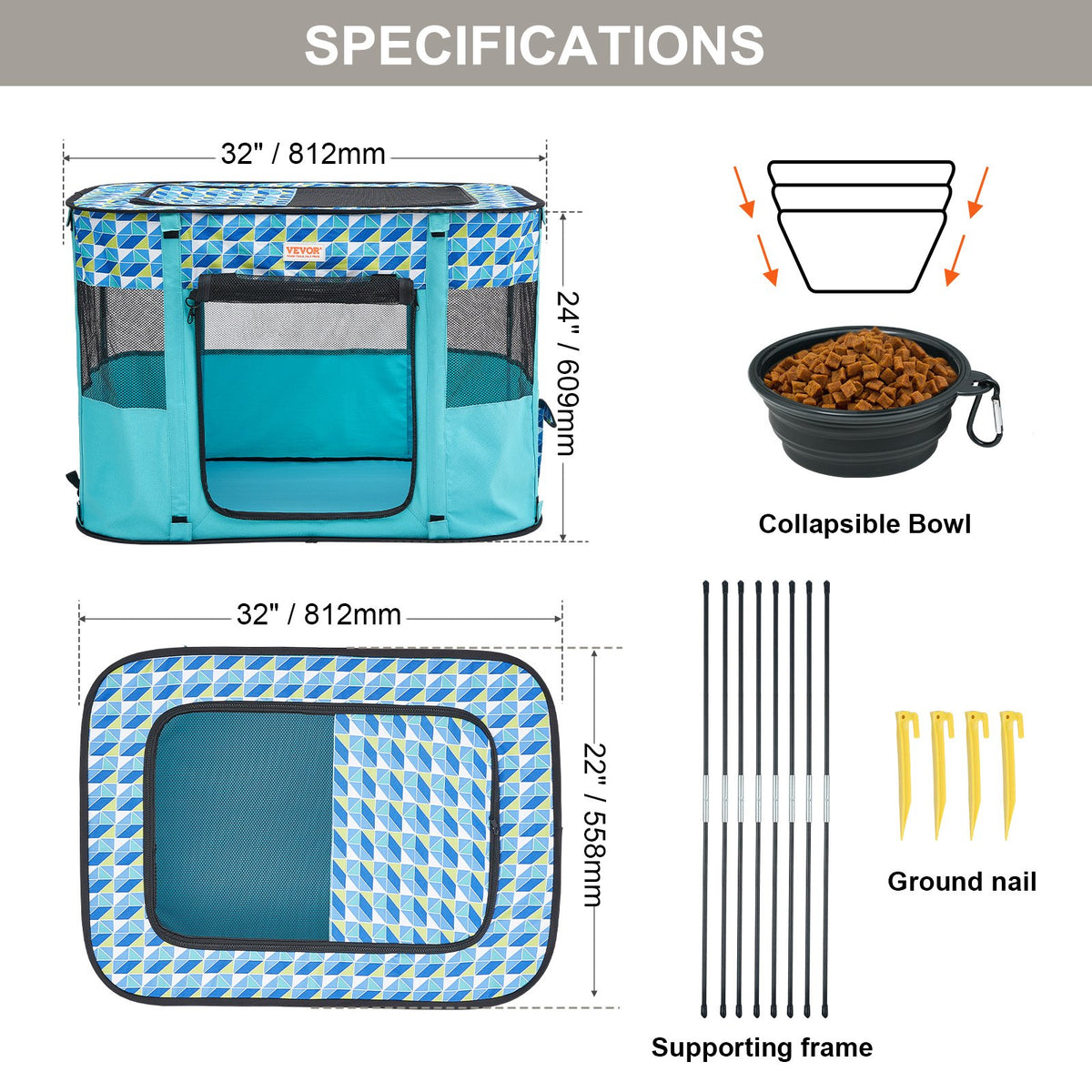Foldable Pet Playpen, 32'' x 24'' x 22'' Portable Dog Playpen, Crate Kennel for Puppy, Dog, Cat, Waterproof 600D Oxford Cloth, Removable Zipper, for Indoor Outdoor Travel Camping Use (Rectangle,
