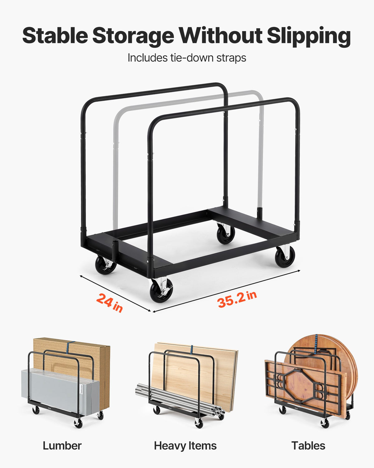 Gipsvagn, 816 kg lastkapacitet, stålplåtsvagn med 12,5 mm svänghjul, timmergipsvagn med surrband och 3 sidoräcken för fabrik, lager, garage, svart