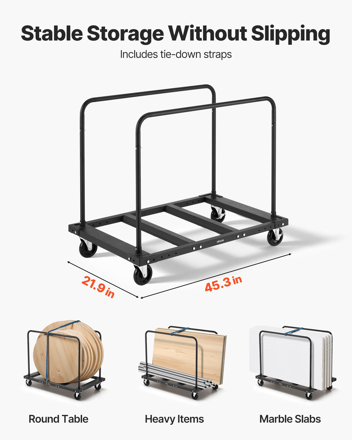 Gipsvagn, 816 kg lastkapacitet, stålplåtsvagn med 12,5 mm svänghjul, timmergipsvagn med surrband och 2 sidoräcken för fabrik, lager, garage, svart