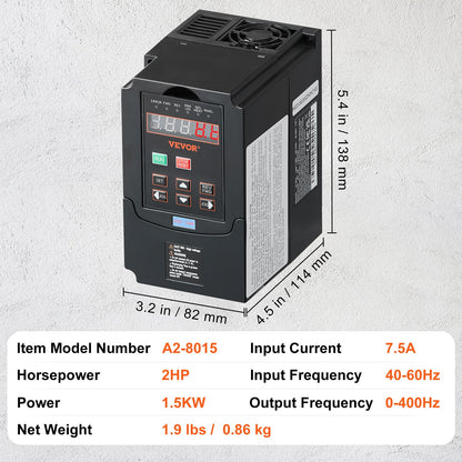 VFD 2HP, 1,5 kW, 7,5 A, 1- eller 3-fas 220 V ingång till 3-fas 220 V utgång, variabel frekvensomriktare, 40–60 Hz ingång, 0–400 Hz utgång VFD för spindelmotor CNC-hastighetsreglering