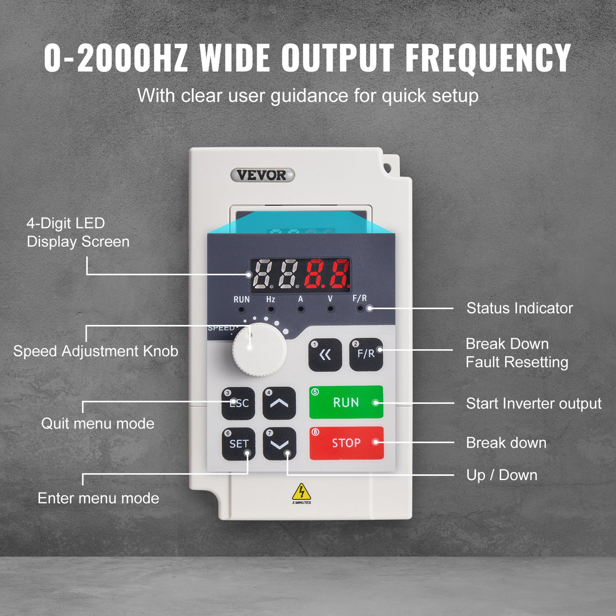 VFD 3HP, 2,2 kW, 5 A, 3-fas AC 380 V ingång till 3-fas AC 0 - 380 V utgång Variabel frekvensomriktare, 50/60 Hz ingång, 0-2000 Hz utgång VFD för spindelmotorns varvtalsreglering