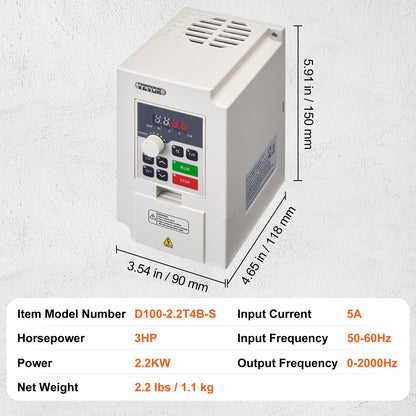VFD 3HP, 2,2 kW, 5 A, 3-fas AC 380 V ingång till 3-fas AC 0 - 380 V utgång Variabel frekvensomriktare, 50/60 Hz ingång, 0-2000 Hz utgång VFD för spindelmotorns varvtalsreglering