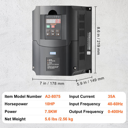 VFD 10 hk, 7,5 kW, 35 A, 1- eller 3-fas 220 V ingång till 3-fas 220 V utgång, variabel frekvensomriktare, 40–60 Hz ingång, 0–400 Hz utgång VFD för spindelmotor CNC-hastighetsreglering