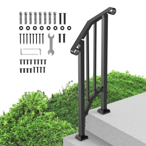 Ledstänger för utomhustrappor, Ledstänger för 1-2 steg, Övergångsräcken i kolstål med installationssats, Trappräcken för seniorer, Betongtrappor och veranda och altan, Svart retrobåge