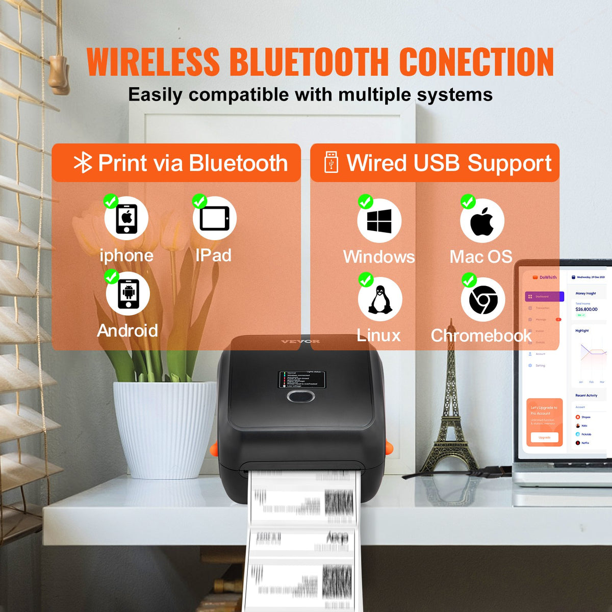 Thermal Label Printer, 300DPI for 4x6 Mailing Packages, Wireless Bluetooth & Automatic Label Recognition, Support Windows/MacOS/Linux/Android/IOS, Compatible with Amazon, eBay, Etsy,etc