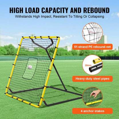 Baseboll- och softbollreboundernät, 4 x 4,5 fot PitchBack-basebollnät för pitching- och fältträning, Pitch Return Trainer-reboundnät med pitchingmål, 4 justerbara vinklar