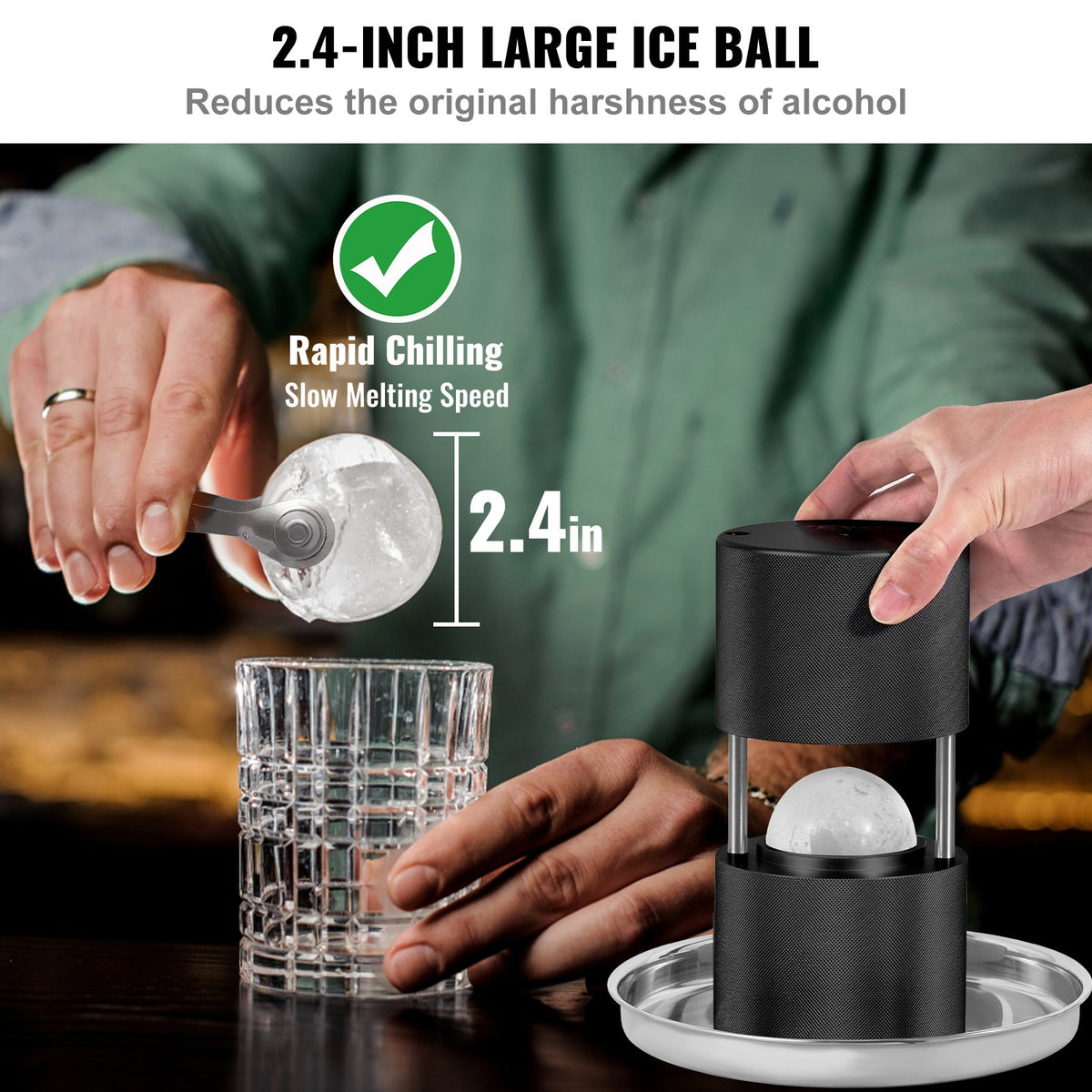 Ice Ball Press, 2.4" Ice Ball Maker, Aircraft Al Alloy Ice Ball Press Kit for 60mm Ice Sphere, Ice Press with Tong and Drip Tray, for Whiskey, Cocktail, Bourbon, Scot on Party & Holiday, Black