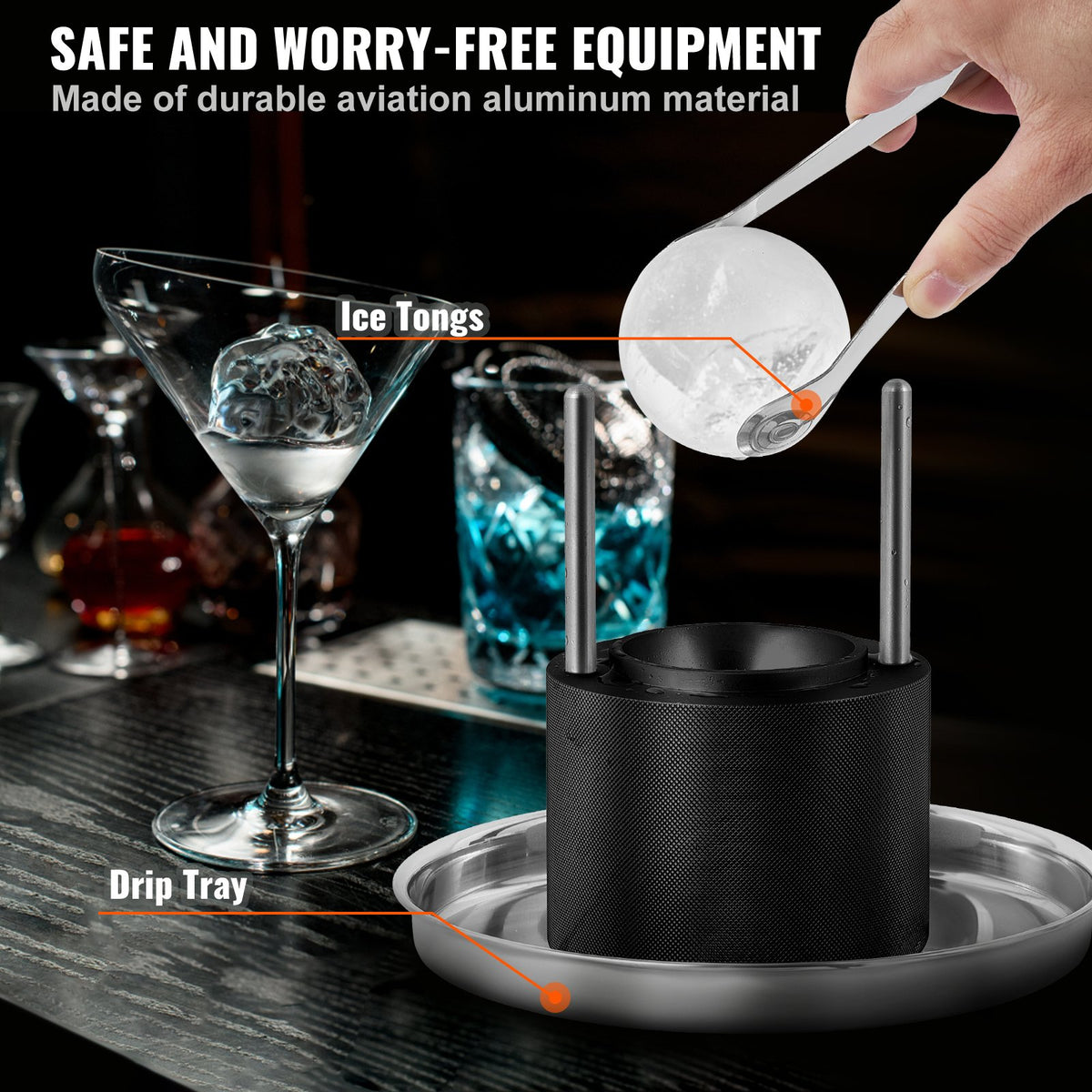 Ice Ball Press, 2.4" Ice Ball Maker, Aircraft Al Alloy Ice Ball Press Kit for 60mm Ice Sphere, Ice Press with Tong and Drip Tray, for Whiskey, Cocktail, Bourbon, Scot on Party & Holiday, Black