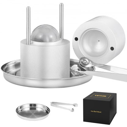 Isbollspress, 2,4" isbollsmaskin, isbollspress i flygplanslegering för 60 mm iskula, ispress med tång och droppbricka, för whisky, cocktail, bourbon, skotsk whisky på fest och högtider, silver