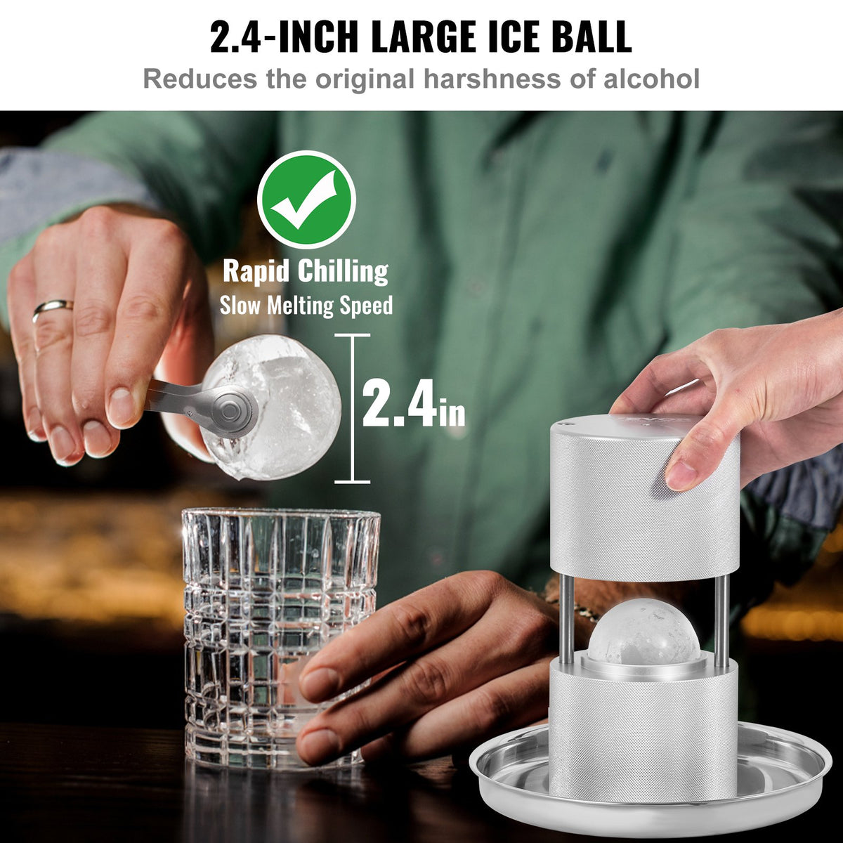 Isbollspress, 2,4" isbollsmaskin, isbollspress i flygplanslegering för 60 mm iskula, ispress med tång och droppbricka, för whisky, cocktail, bourbon, skotsk whisky på fest och högtider, silver