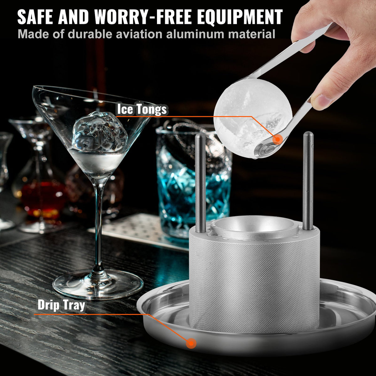 Isbollspress, 2,4" isbollsmaskin, isbollspress i flygplanslegering för 60 mm iskula, ispress med tång och droppbricka, för whisky, cocktail, bourbon, skotsk whisky på fest och högtider, silver
