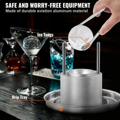 Isbollspress, 2,4" isbollsmaskin, isbollspress i flygplanslegering för 60 mm iskula, ispress med tång och droppbricka, för whisky, cocktail, bourbon, skotsk whisky på fest och högtider, silver