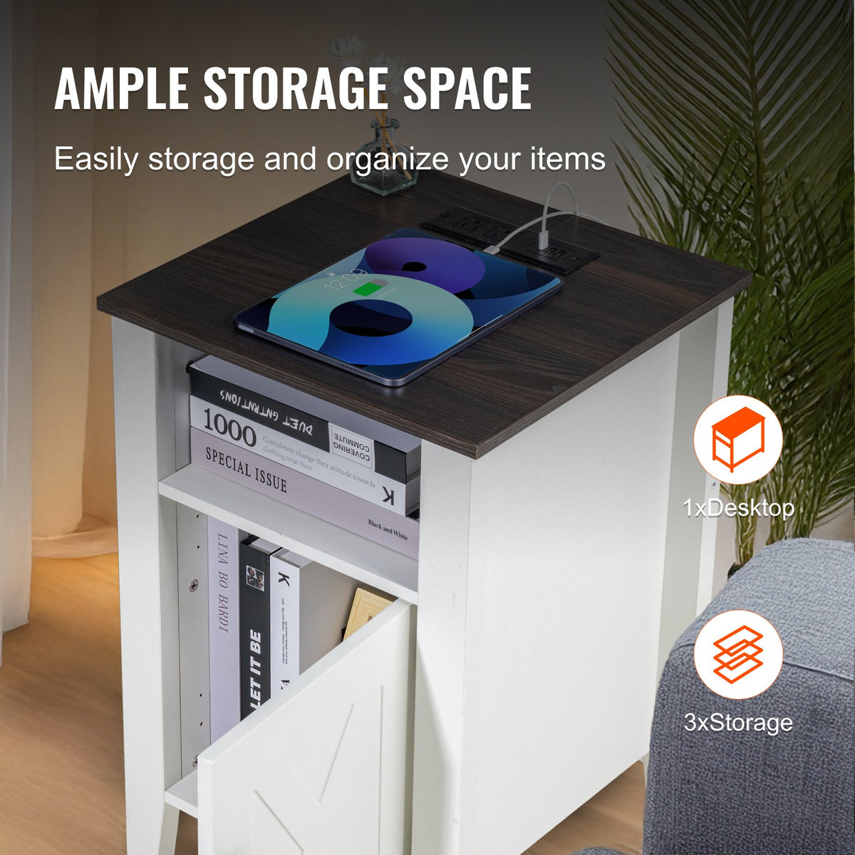 Sidobord i lantligt stil, set om 2, fyrkantigt nattduksbord med USB-portar och uttag, sidobord i 3 våningar, sidobord med förvaringsskåp och LED-lampor, perfekt för vardagsrum, sovrum, kontor, vit