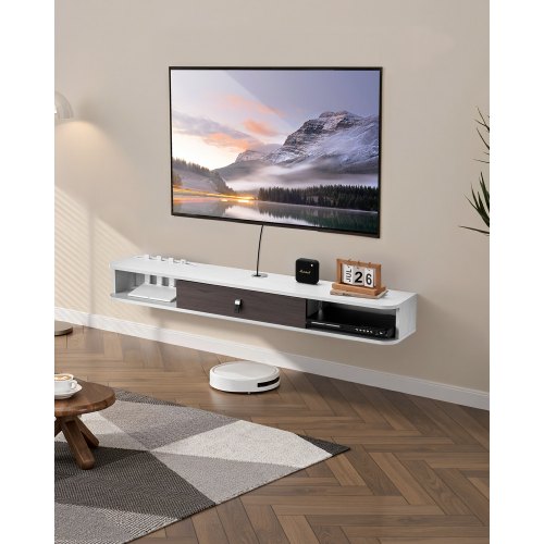Flytande TV-stativ, 55 tum väggmonterat underhållningscenter med kabelhål, modern flytande TV-hylla med förvaringsskåp, spånskivekonsol för DVD-spelare, kabelbox, spelkonsol, vit