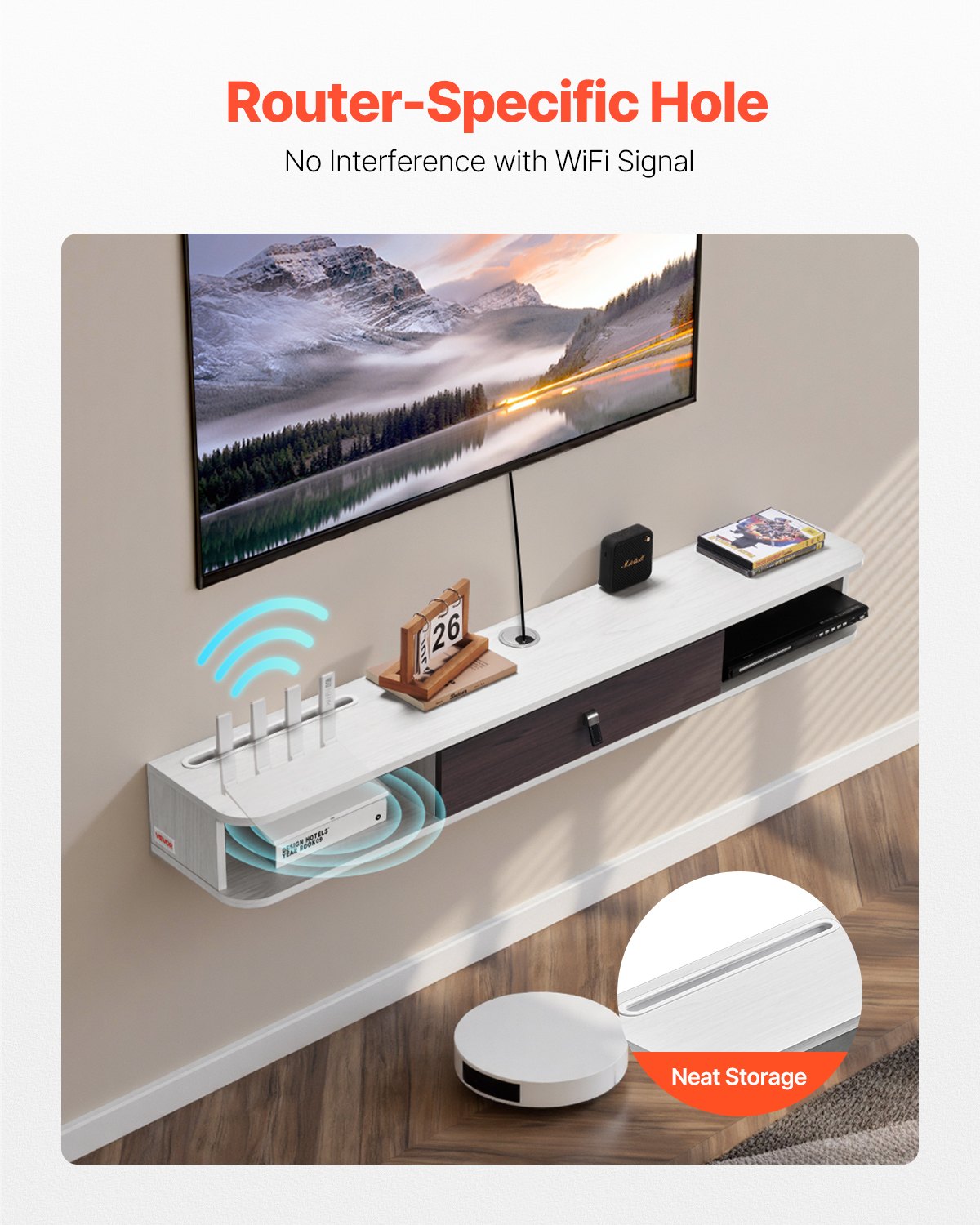 Flytande TV-stativ, 55 tum väggmonterat underhållningscenter med kabelhål, modern flytande TV-hylla med förvaringsskåp, spånskivekonsol för DVD-spelare, kabelbox, spelkonsol, vit