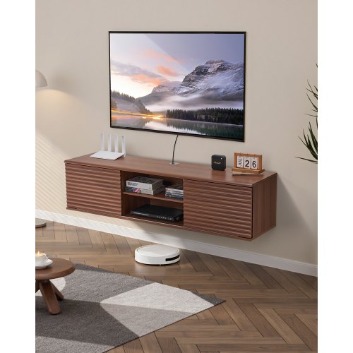 Flytande TV-stativ, 60" väggmonterat underhållningscenter med justerbar hylla och skjutdörrar, 2 nivåer flytande TV-hylla med förvaringsskåp för DVD-spelare, kabel-TV-box, spelkonsol, valnöt