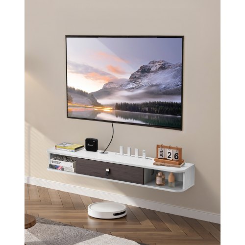 Flytande TV-stativ, 47 tum väggmonterat underhållningscenter med kabelhål, modern flytande TV-hylla med förvaringsskåp, spånskivekonsol för DVD-spelare, kabelbox, spelkonsol, vit