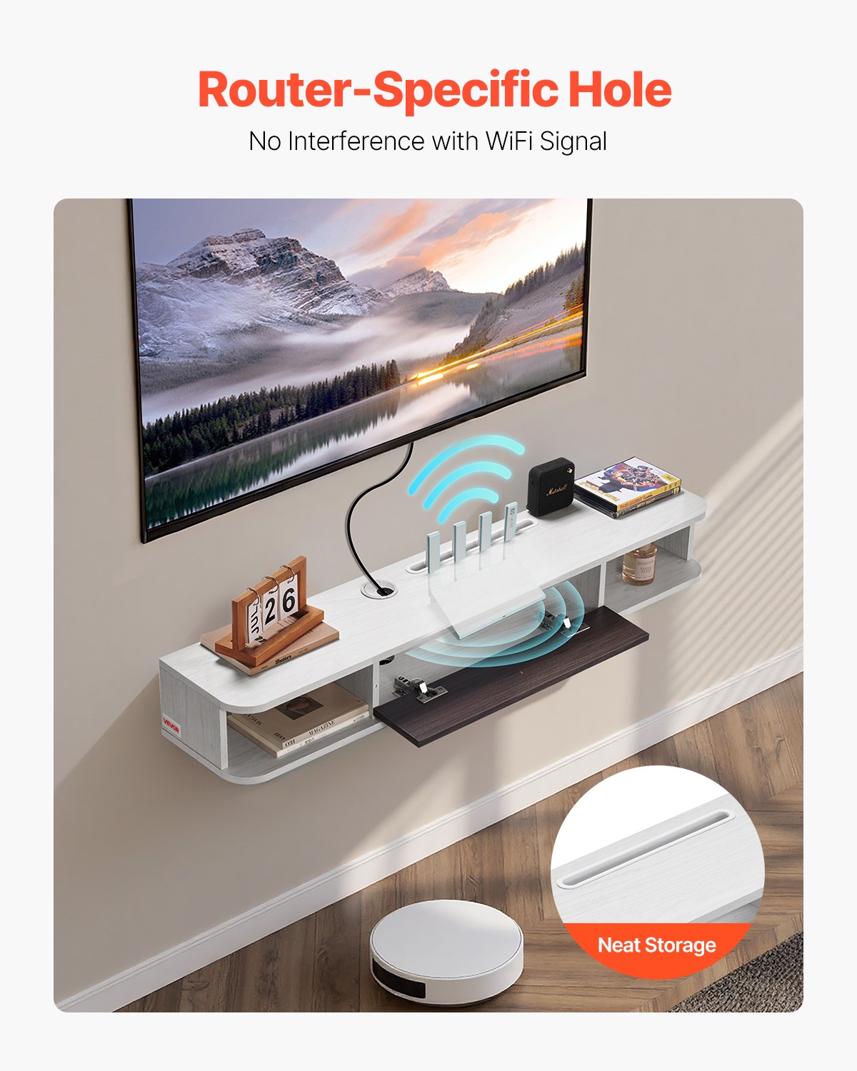 Flytande TV-stativ, 47 tum väggmonterat underhållningscenter med kabelhål, modern flytande TV-hylla med förvaringsskåp, spånskivekonsol för DVD-spelare, kabelbox, spelkonsol, vit