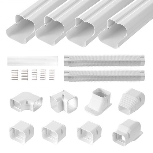 Mini Split Line Set Cover 76.2mm W 5350mm L, PVC Decorative Pipe Line Cover For Air Conditioner with 4 Straight Ducts & Full Components Easy to Install, Paintable for Heat Pumps, White