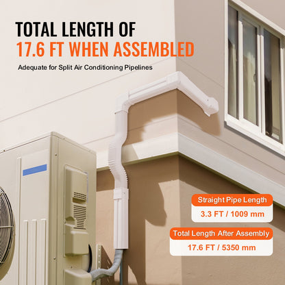 Mini Split Line Set Cover 76.2mm W 5350mm L, PVC Decorative Pipe Line Cover For Air Conditioner with 4 Straight Ducts & Full Components Easy to Install, Paintable for Heat Pumps, White