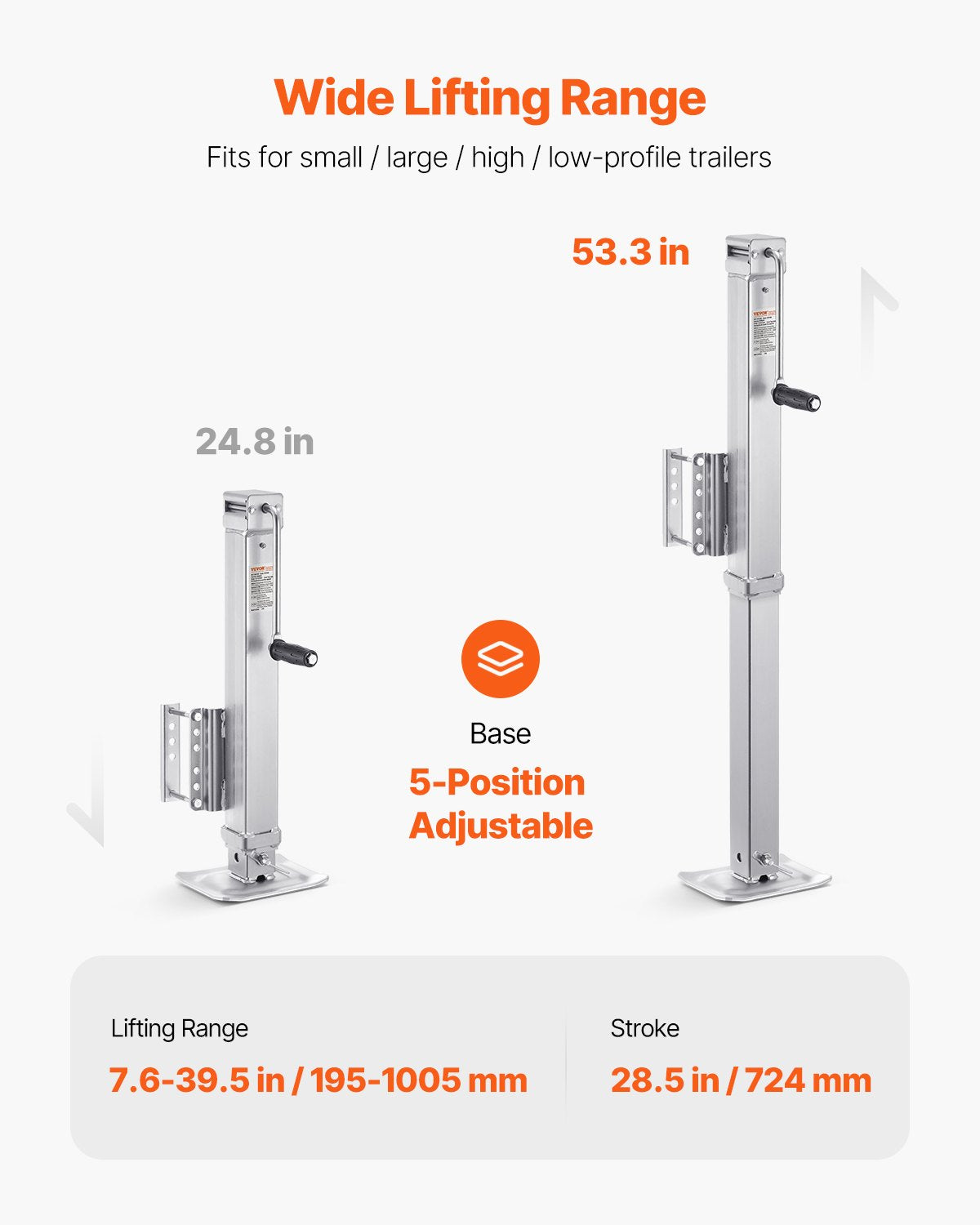 Domkraft, statisk lastkapacitet 3600 kg, kraftig svängbar bultmonterad domkraft, 74 cm lyftbar domkraft med handtag för husbils-, häst-, nyttosläp och yachttrailer