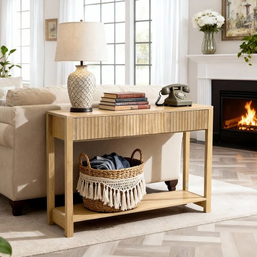 120 cm Console Table, Farmhouse Desk Behind the Couch with Drawers and Bottom Storage Shelf, Wooden Rectangle Entrance Narrow Sofa Table for Hallway, Bedroom, Living Room, Foyer, Burlywood