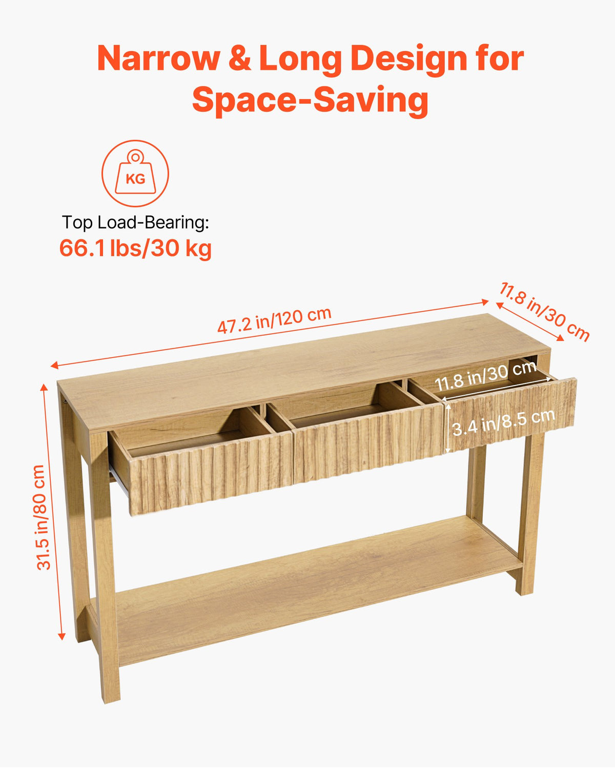 120 cm Console Table, Farmhouse Desk Behind the Couch with Drawers and Bottom Storage Shelf, Wooden Rectangle Entrance Narrow Sofa Table for Hallway, Bedroom, Living Room, Foyer, Burlywood