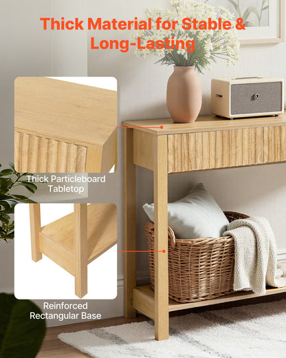 120 cm Console Table, Farmhouse Desk Behind the Couch with Drawers and Bottom Storage Shelf, Wooden Rectangle Entrance Narrow Sofa Table for Hallway, Bedroom, Living Room, Foyer, Burlywood