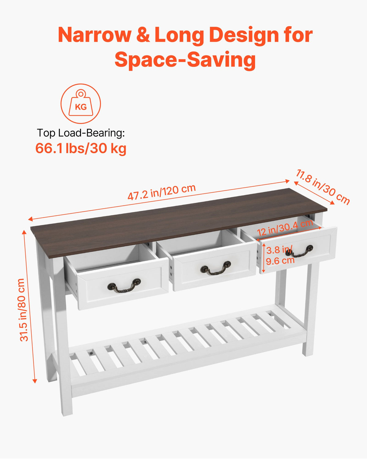 120 cm Console Table, Farmhouse Desk Behind the Couch with Drawers and Bottom Storage Shelf, Wooden Rectangle Entrance Narrow Sofa Table for Hallway, Bedroom, Living Room, Foyer, Brown + White