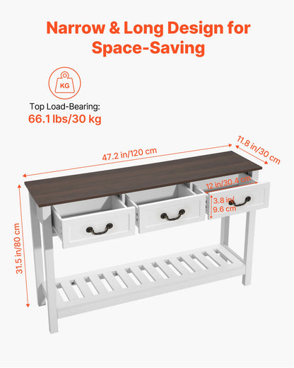 120 cm Console Table, Farmhouse Desk Behind the Couch with Drawers and Bottom Storage Shelf, Wooden Rectangle Entrance Narrow Sofa Table for Hallway, Bedroom, Living Room, Foyer, Brown + White