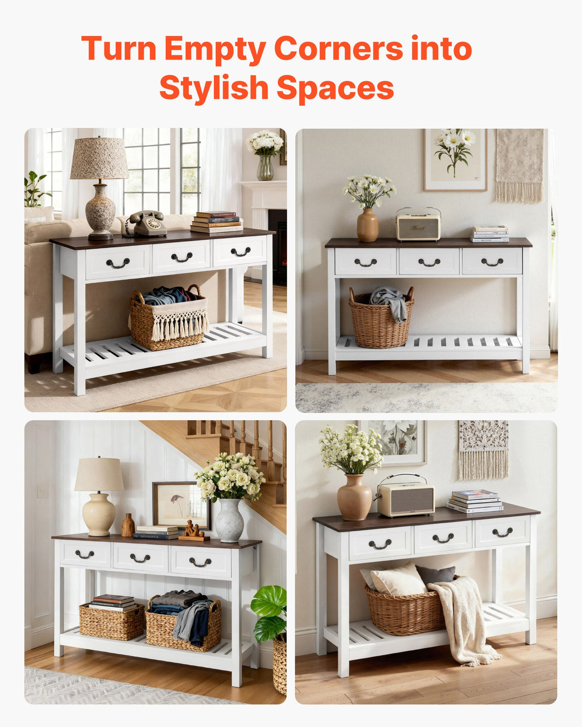 120 cm Console Table, Farmhouse Desk Behind the Couch with Drawers and Bottom Storage Shelf, Wooden Rectangle Entrance Narrow Sofa Table for Hallway, Bedroom, Living Room, Foyer, Brown + White
