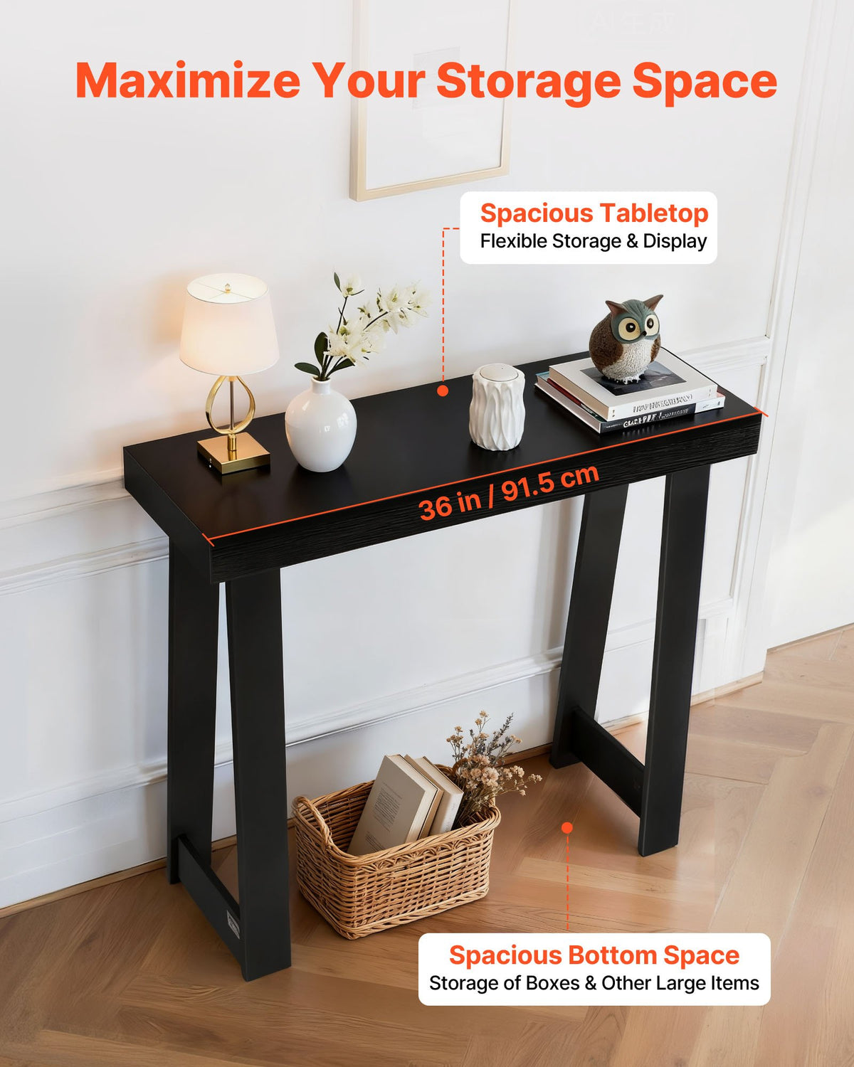91.5 cm Console Table, Modern Desk Behind the Couch, Wooden Rectangle Entrance Desk, Narrow Long Sofa Table Accent Stand, Ideal for Hallway, Bedroom, Living Room, Foyer, Easy Assembly, Black